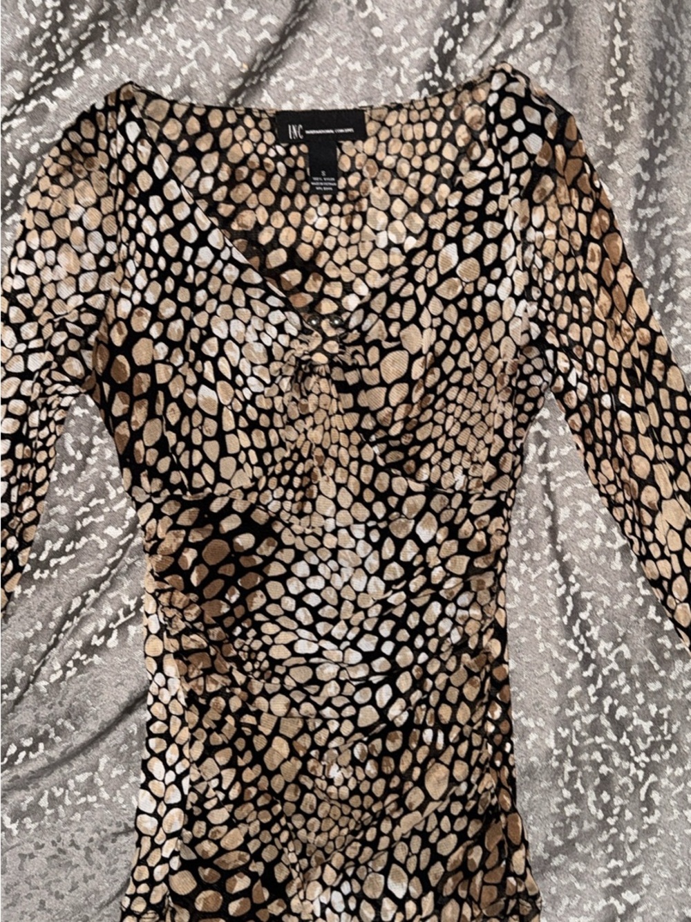 INC International Concepts Black and Brown Animal-Print V-Neck Long Sleeve Top